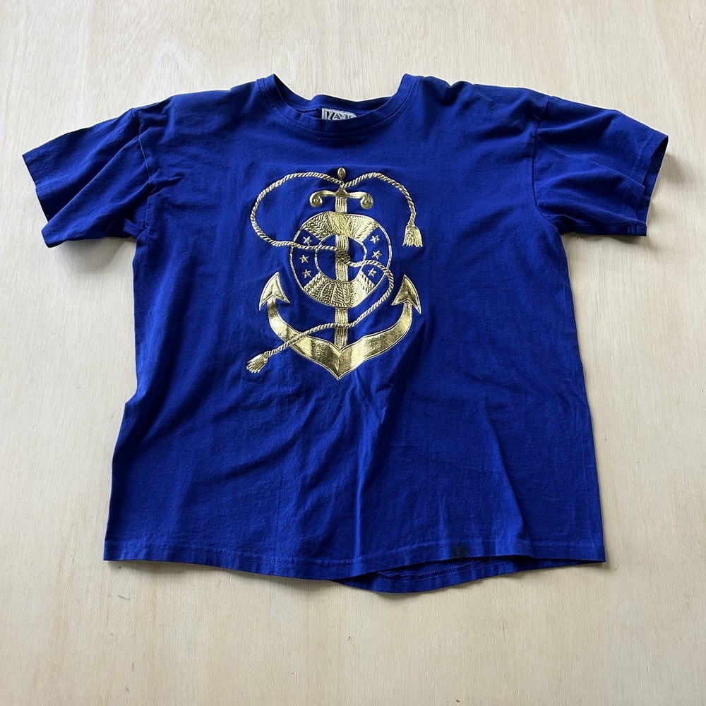 Vintage Kavio Designs Shirt Womens XL Blue Gold Anchor Nautical Tee T-Shirt